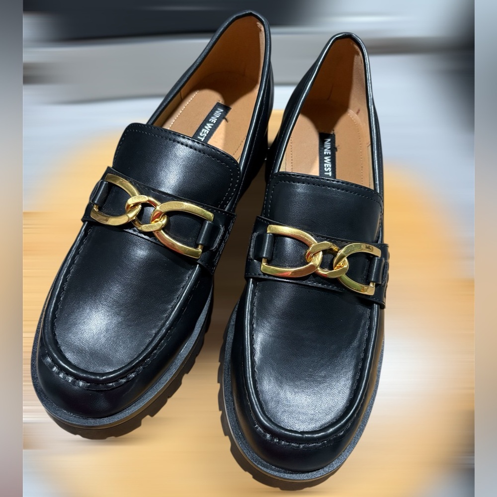 Nine West Black Loafers with Gold Chain Detail. Like new